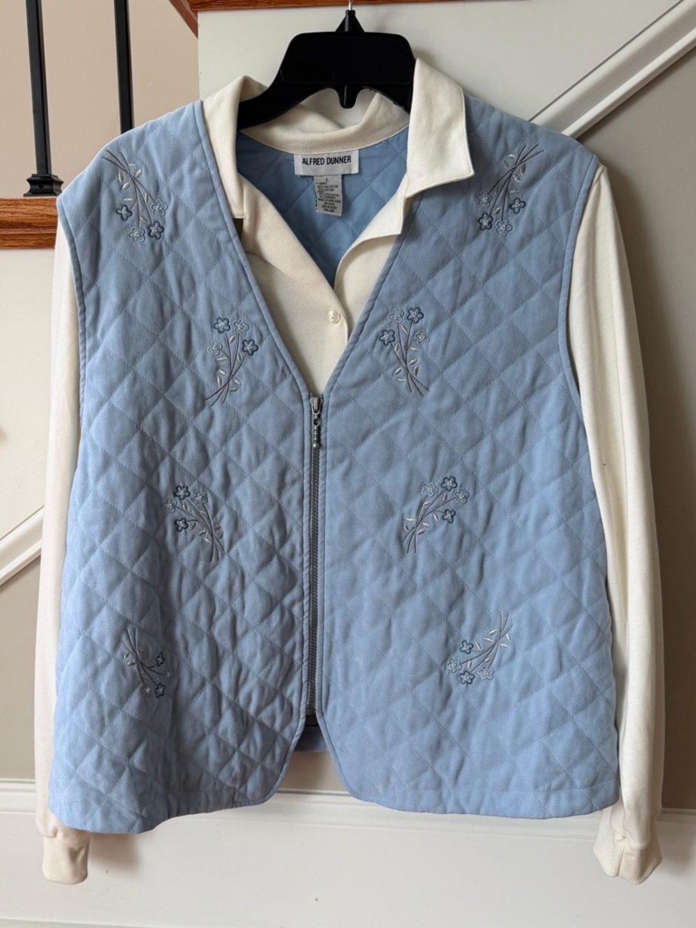 Alfred Dunner Powder Blue Quilted Floral Zip Vest